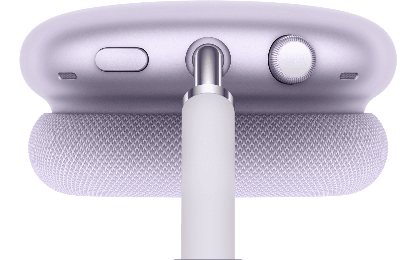AirPods Max 2 headphones in purple color, top exterior, detail of noise control button and Transparency mode