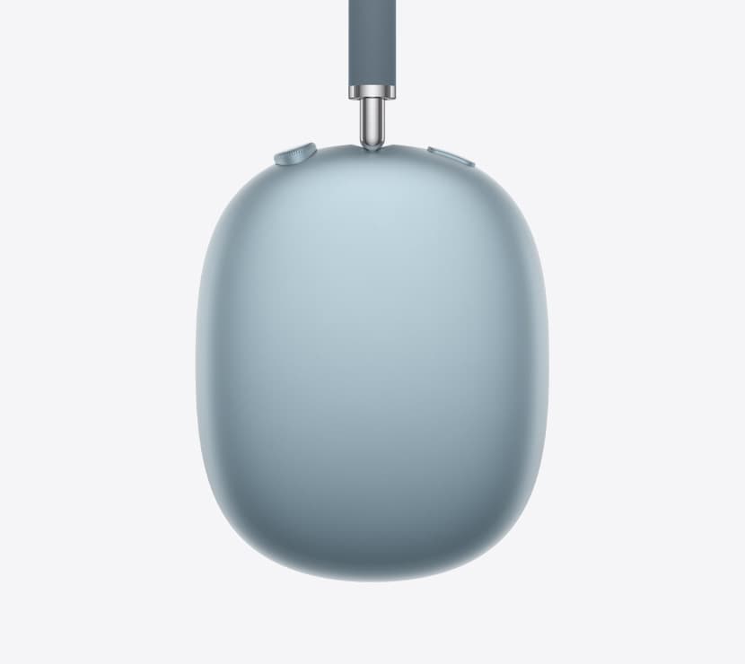 AirPods Max 2 headphones, side exterior, blue color, detail of telescoping arm, ear cushion, Digital Crown and noise control button