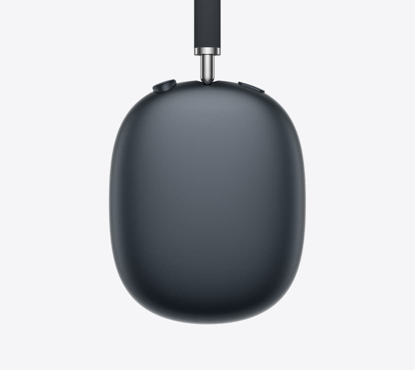 AirPods Max 2 headphones, side exterior, midnight color, detail of telescoping arm, ear cushion, Digital Crown and noise control button