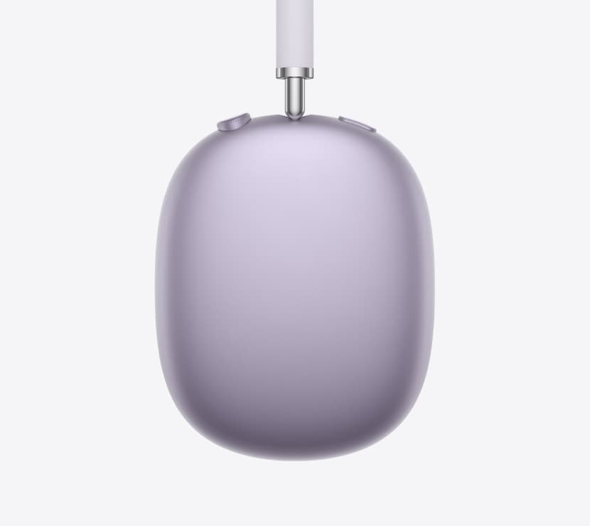 AirPods Max 2 headphones, side exterior, purple color, detail of telescoping arm, ear cushion, Digital Crown and noise control button