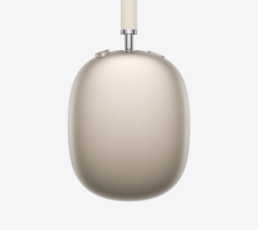 AirPods Max 2 headphones, side exterior, starlight color, detail of telescoping arm, ear cushion, Digital Crown and noise control button