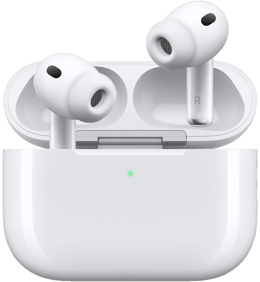 AirPods Pro 3 and MagSafe Charging Case (USB-C), rounded case exterior, LED power indicator, case lid open, white color, wireless headphones with silicone tips, stem interior features letter L and letter R