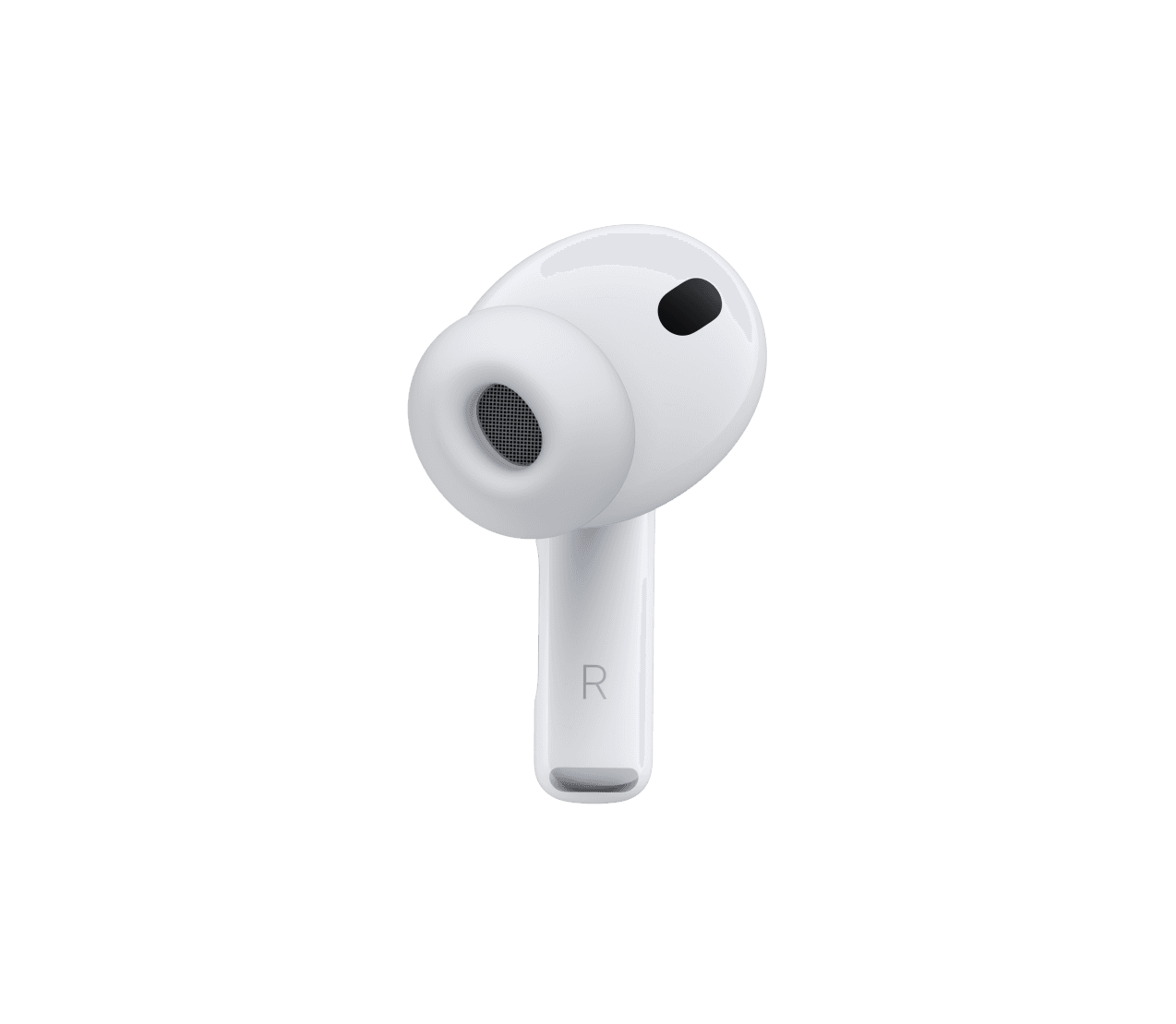 AirPods Pro 3, white color, noise-cancelling microphone, silicone tip, short stem features letter R