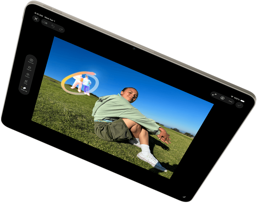 Landscape view of iPad Air showcasing Apple Intelligence with the Clean up tool in Photos app
