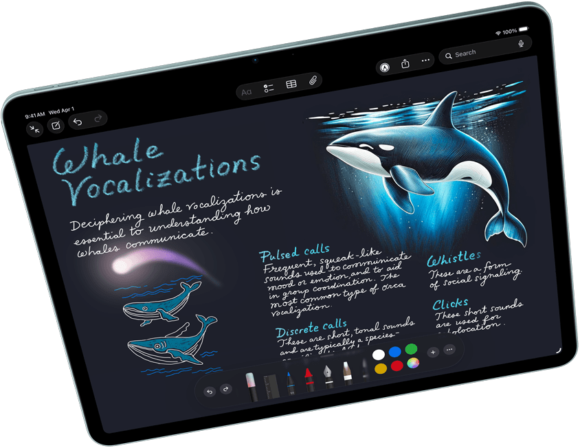 Landscape view of iPad Air showcasing Apple Intelligence with Image Wand in Notes, Apple Pencil Pro