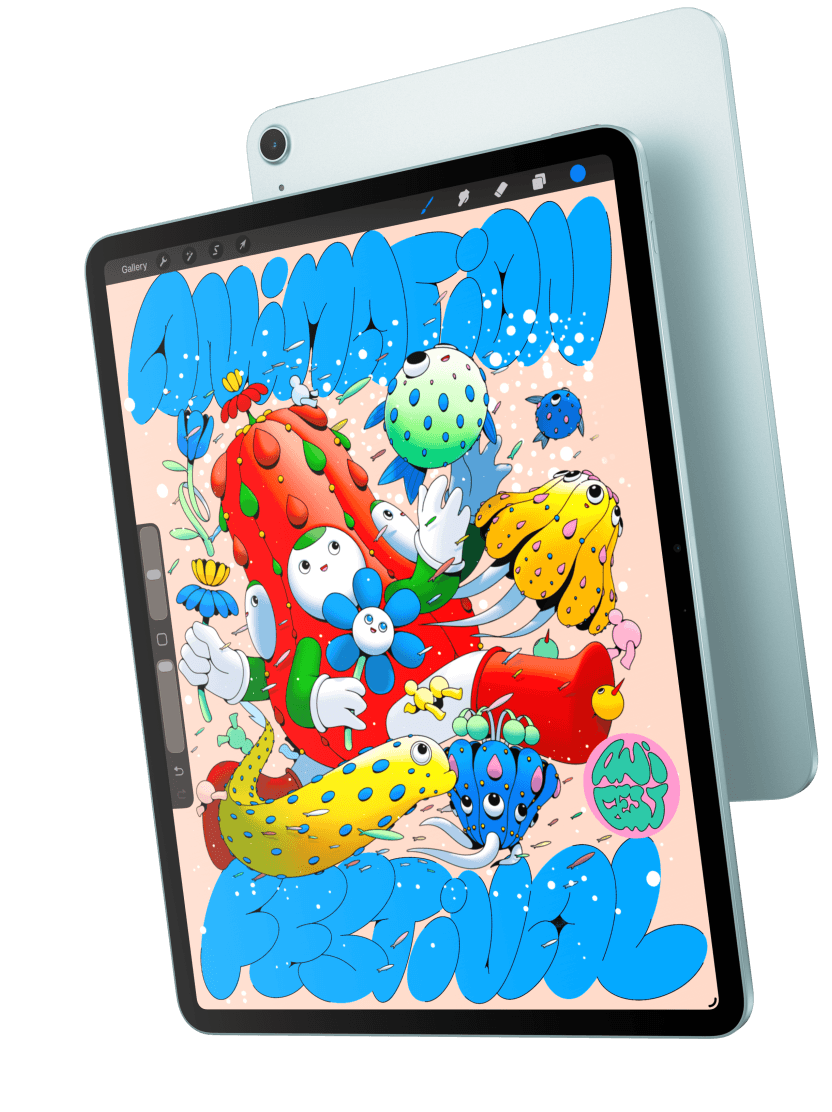 Front exterior, iPad Air showcasing the 13 inch model displaying Procreate, and overlapping the back exterior of a blue iPad Air
