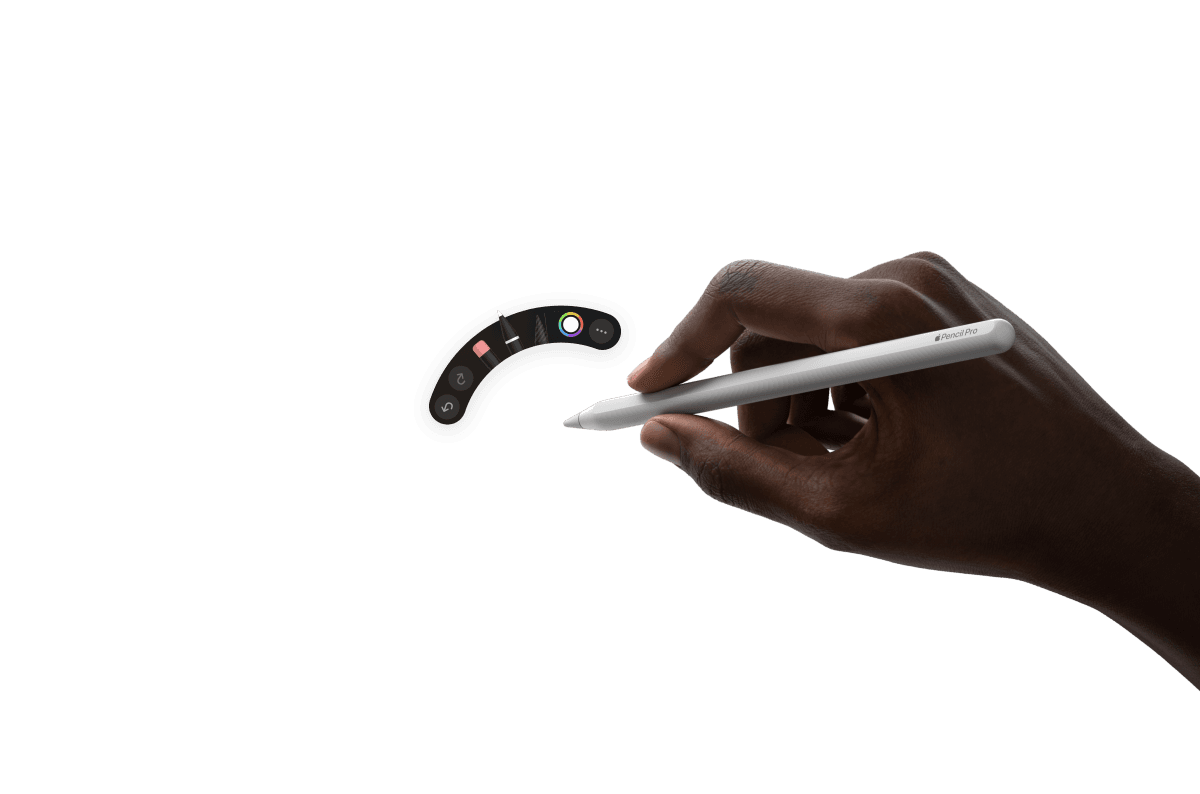 iPad Air, front exterior, a hand holding Apple Pencil Pro works on an illustration with written notes in Procreate