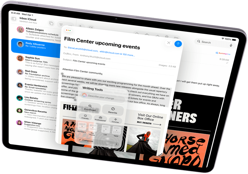 Landscape view of iPad Air showcasing Apple Intelligence, with Writing Tools and Mail