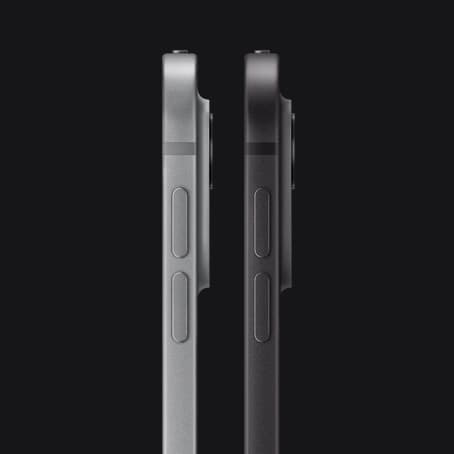 Two iPad Pro devices, side exterior, portrait orientation, silver color and space black color, volume-up button, volume-down button, rounded corners, straight edges, raised pro camera system