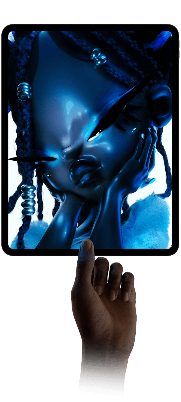 iPad Pro, front exterior, portrait orientation, space black color, display with digital art of a futuristic character with blue skin and braided hair, hand holding up iPad Pro from the bottom between thumb and index finger portraying thin design