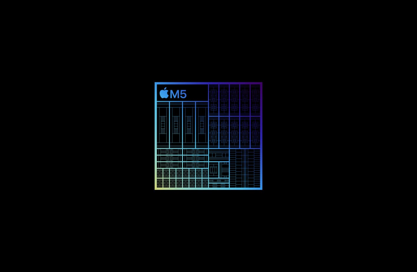 Rendering of magnified silicon architecture of M5 chip, green, blue, and purple color scheme, intricate circuitry, various components and connectors