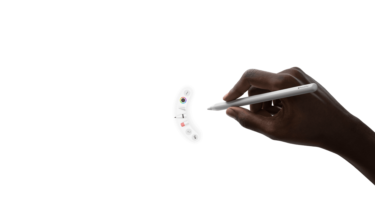 iPad Pro, front exterior, landscape orientation, animation of hand holding Apple Pencil Pro, Squeeze gesture brings up a palette of tools beneath the pencil tip