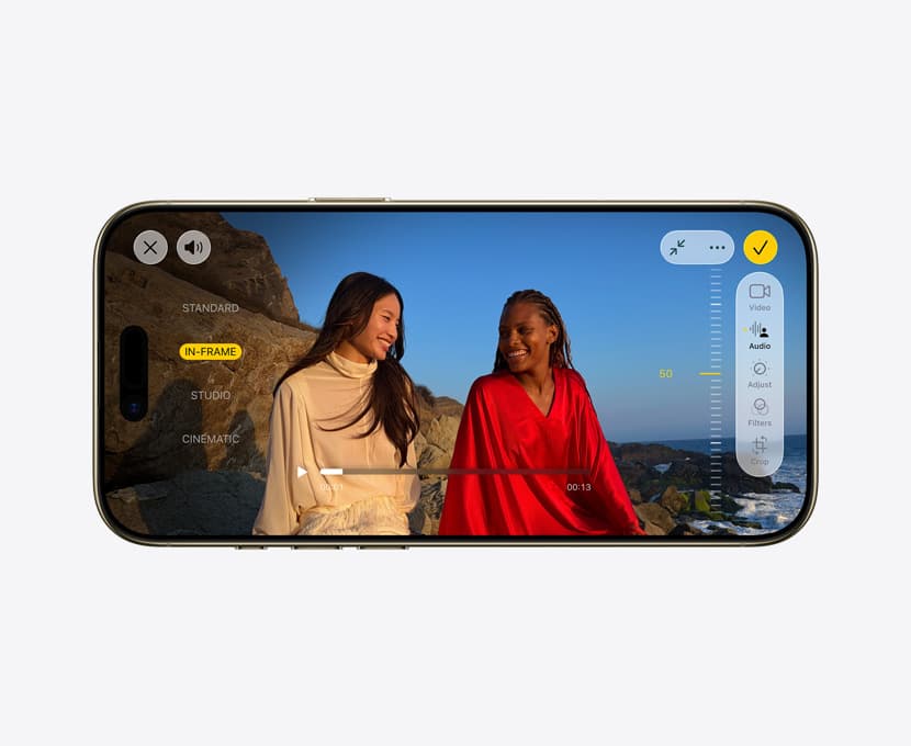 iPhone Air, front exterior, Pro video with Audio Mix feature in use