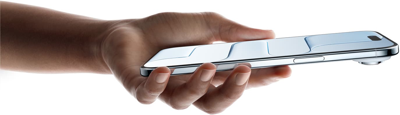 A hand holding iPhone Air, front exterior, side exterior, Sky Blue color, very thin profile, Dynamic Island, buttons: side, Camera Control