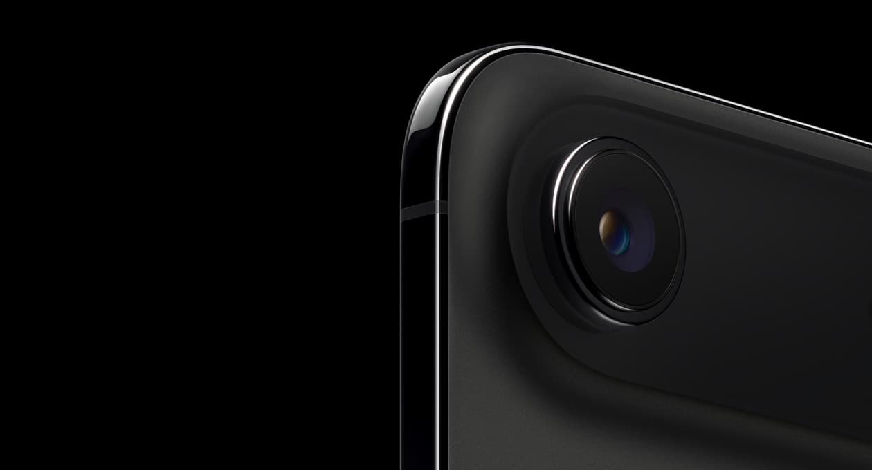 iPhone Air, back exterior, Space Black color, top rounded corner, single-lens Fusion camera system