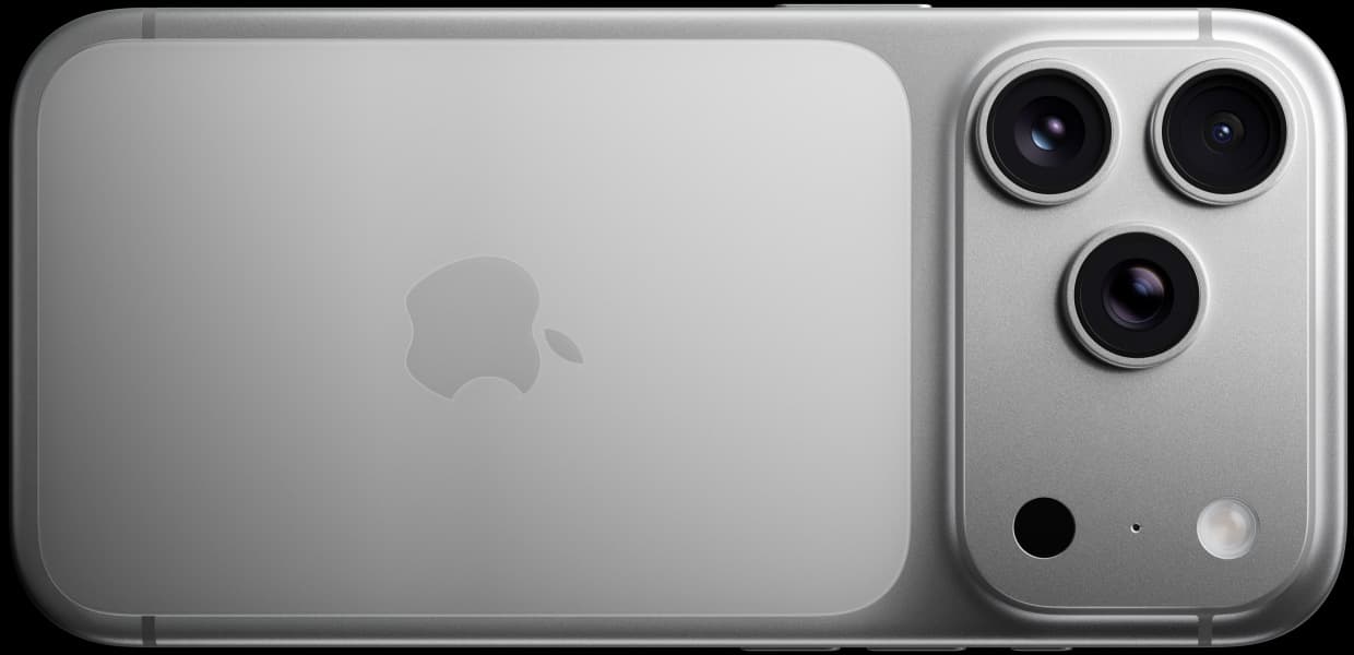 iPhone 17 Pro, silver, back exterior, Pro Fusion camera system, 3 lenses, microphone, flash