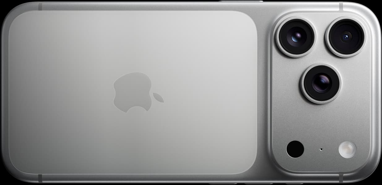 iPhone 17 Pro, silver, back exterior, Pro Fusion camera system, 3 lenses, microphone, flash