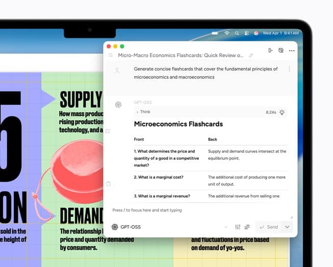 MacBook Air shows a Msty Studio screen featuring microeconomics flashcards.