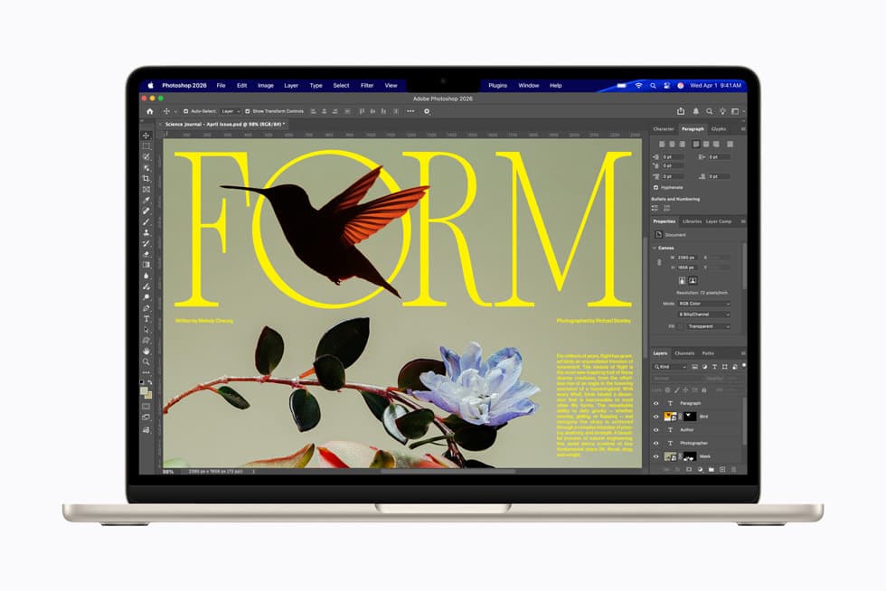 MacBook Air with M5 shows an Adobe Photoshop screen.