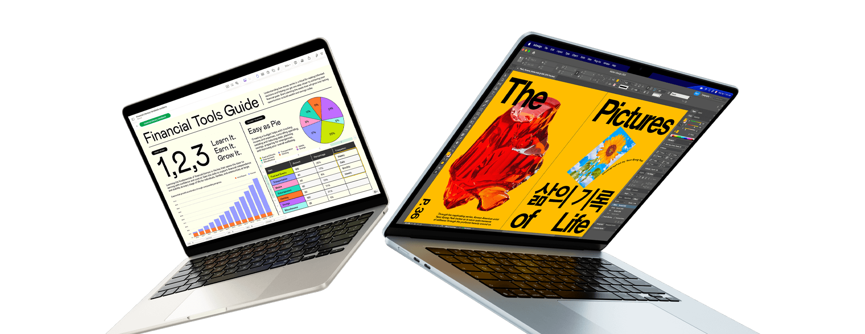 13- and 15-inch MacBook Air laptops — one screen shows Numbers work, the other shows design work