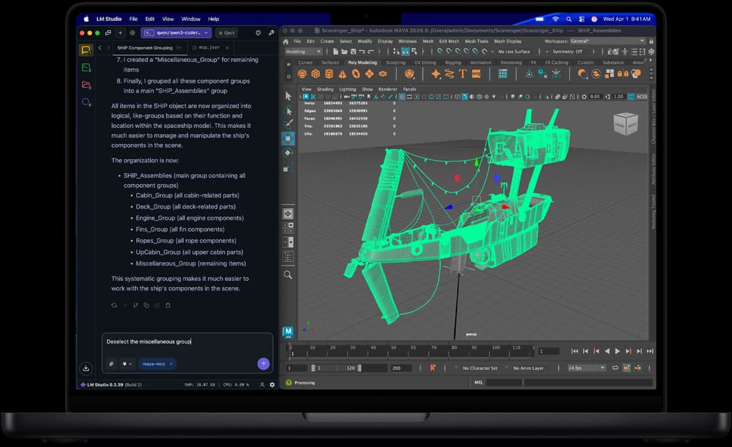 Screen of MacBook Pro showing LM Studio and Autodesk Maya