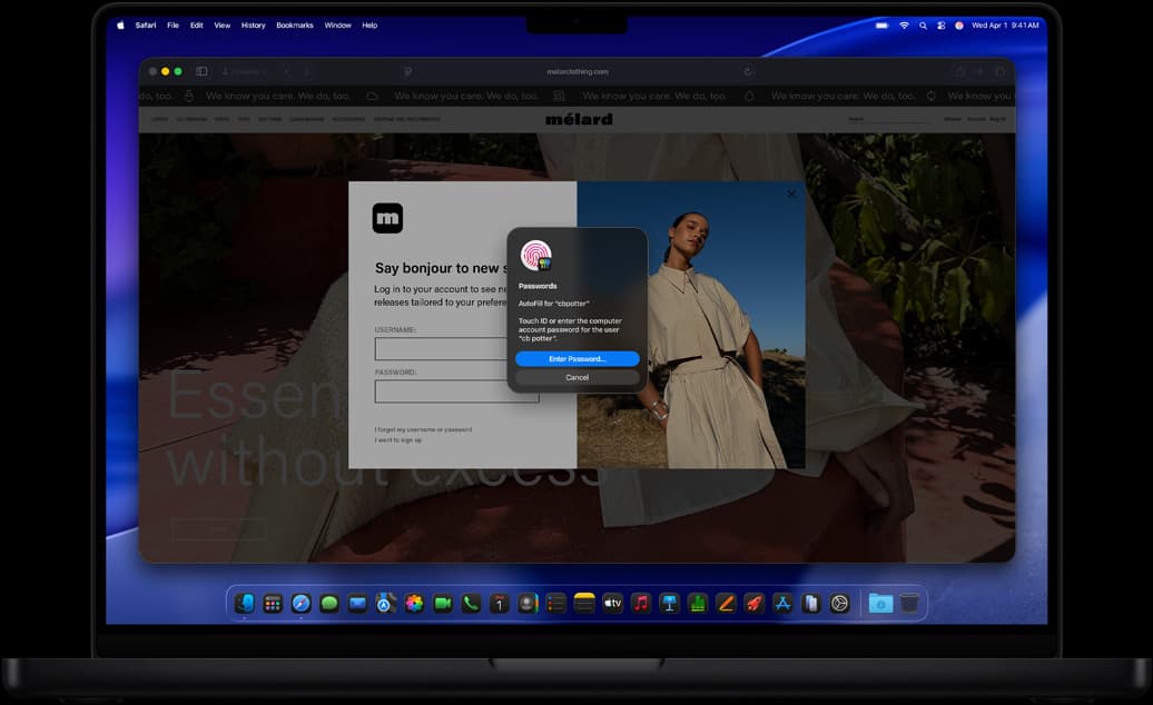 MacBook Pro, space black color, Safari and the Passwords app prompting user to log in to a website using Touch ID