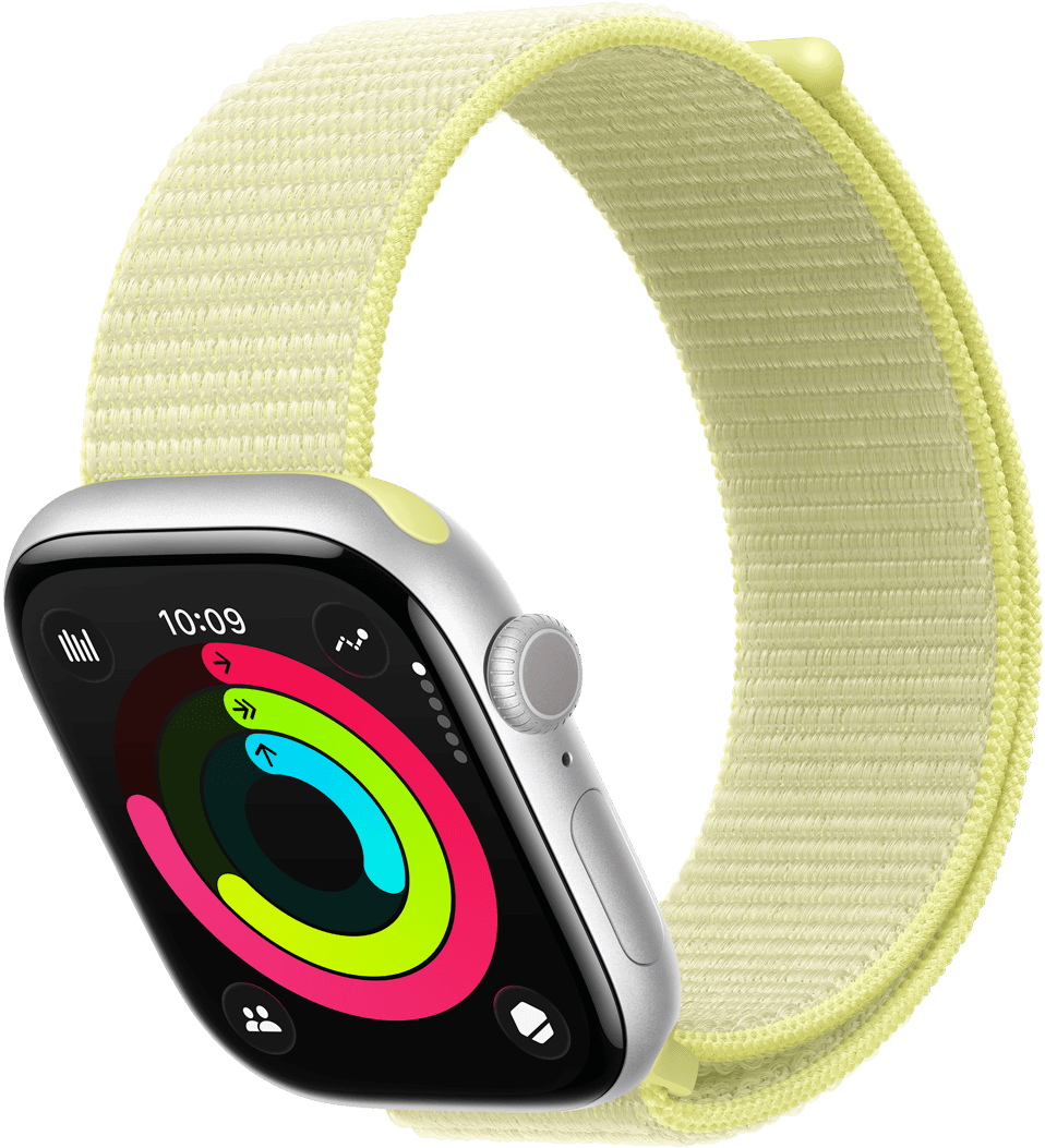 Apple Watch Series 11, silver color, aluminum case, Activity rings: Move, Exercise, Stand, right side exterior, Digital Crown dial, side button, microphone, band, neon yellow Sport Loop