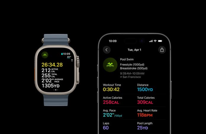 Apple Watch Ultra 3, natural color, titanium case, Ocean Band, anchor blue color, active Swim workout, larger workout metrics breakdown on iPhone