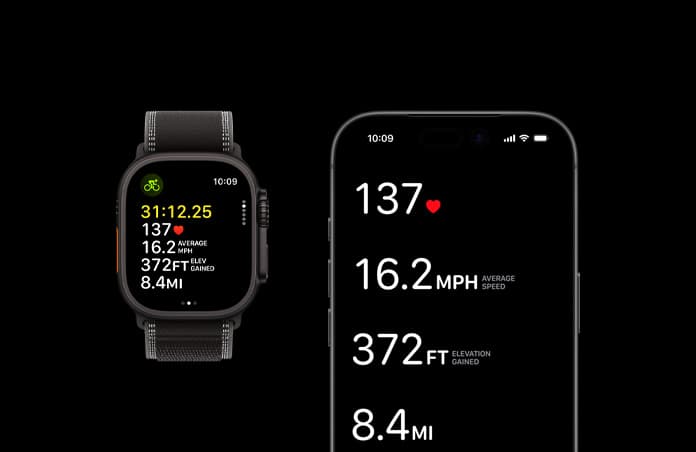 Apple Watch Ultra 3, black color, titanium case, Trail Loop, black/charcoal color,  iPhone, active workout metrics open on both devices