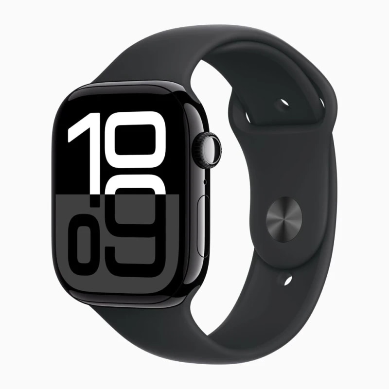 Apple Watch Series 10 · 42 мм · алюминий — GPS + Cellular · Спортивный браслет, чёрный · S/M · 64 ГБ · Чёрный оникс · GPS + Cellular