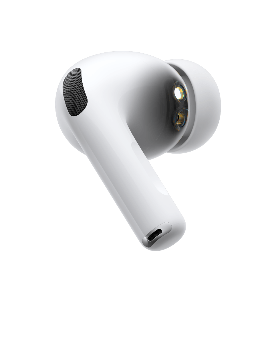 AirPods Pro 3, wireless headphone, white color, side exterior, short tubular stem, noise-canceling microphone, silicone tip, pulsating wave